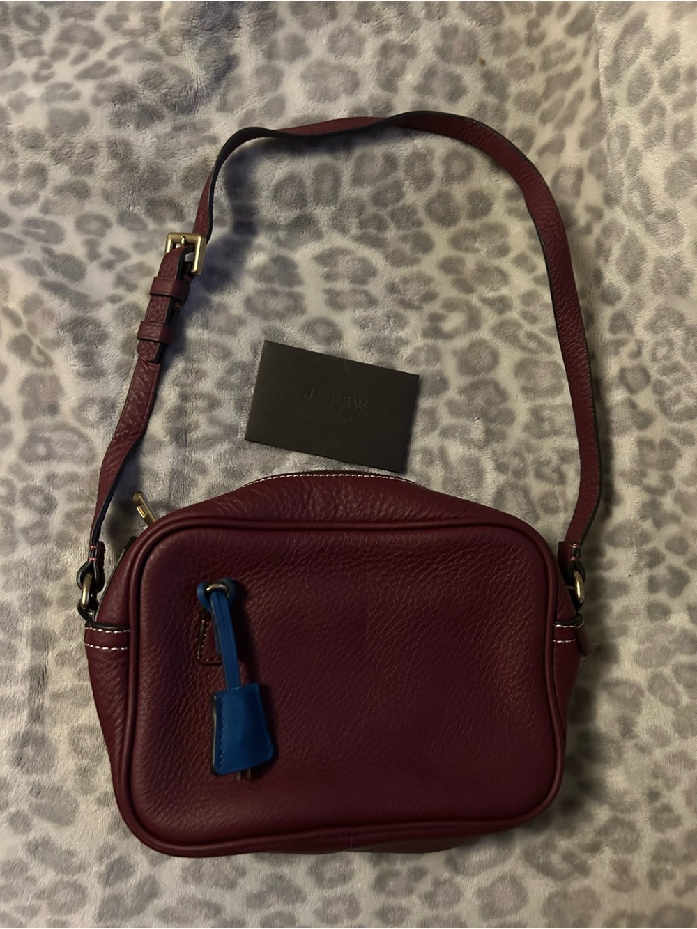 J. Crew Burgundy Leather Shoulder Crossbody with Blue Accent